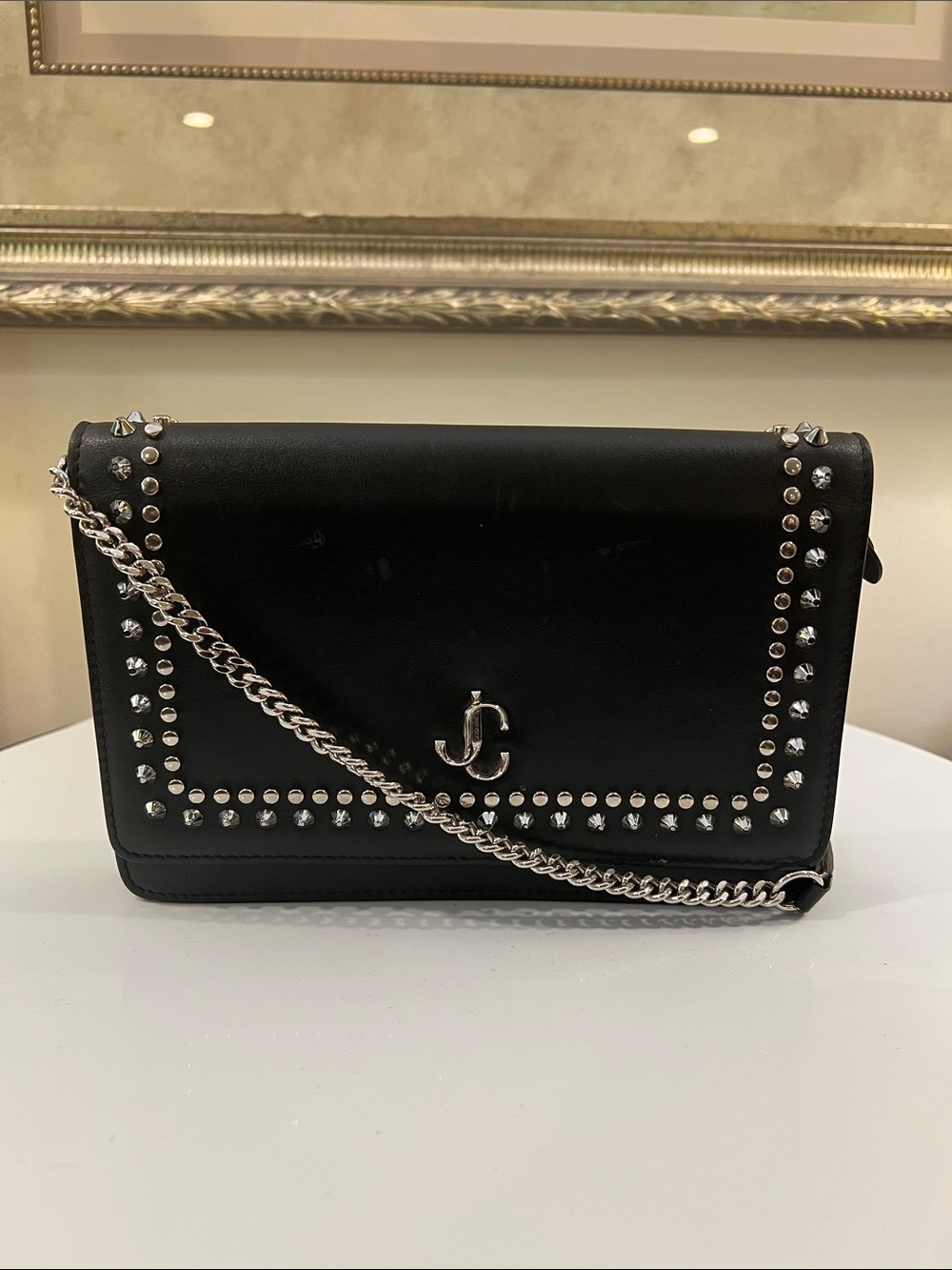 Jimmy Choo Black Leather Studded Chain Crossbody